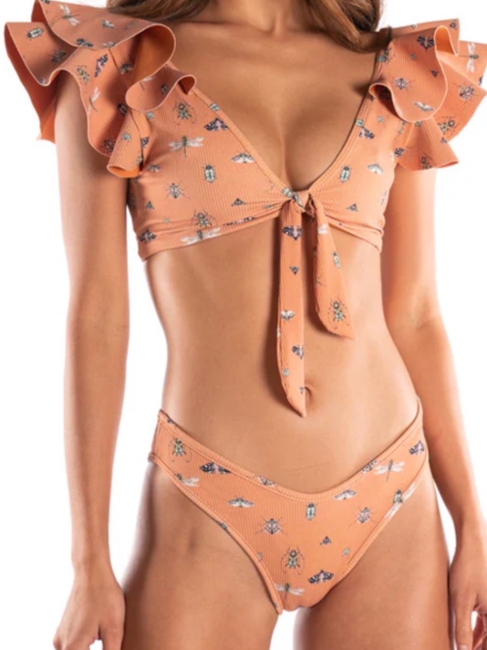Sanlier Peach Dragonfly Ruffle Bikini Set-XS-NWOT